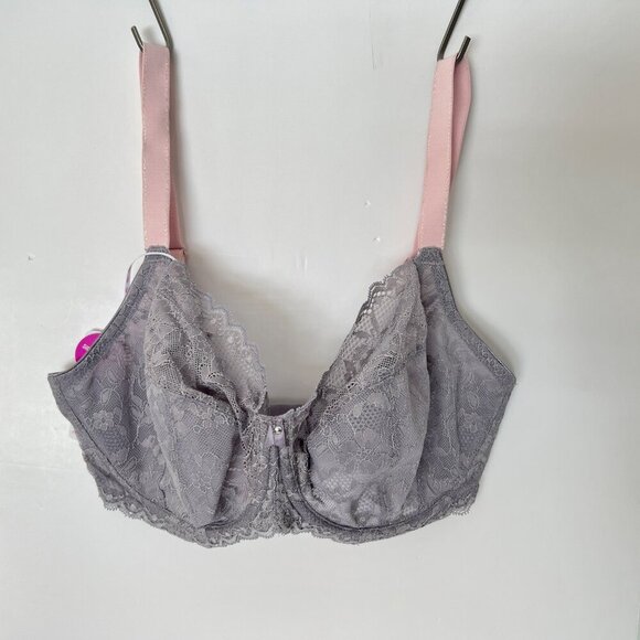 NWT- 34l- Freya Offbeat Side Support Bra in Mineral Grey - Purple/Pink lace - Picture 4 of 10